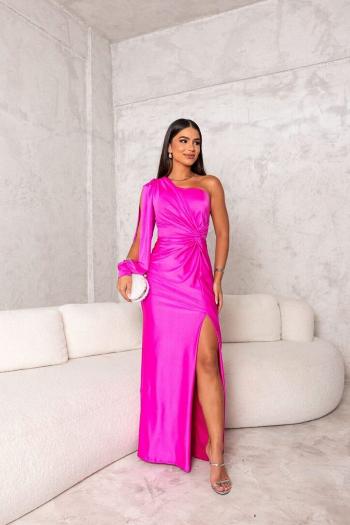 One-shoulder satin dress in bright fuchsia, ruched twist bodice, thigh-high slit
