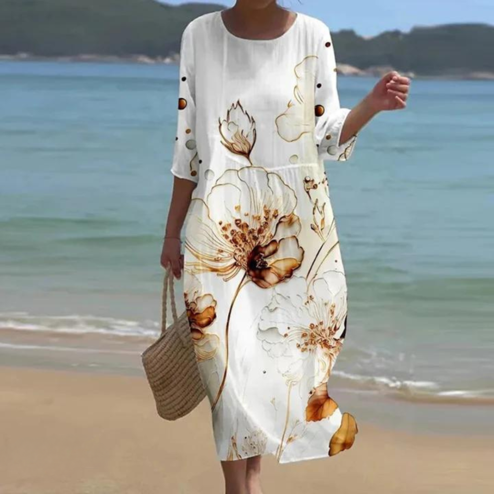 Knee-length short-sleeve dress with round neck, white floral and gold swirl print