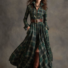 Belted shirt dress in green plaid with long sleeves, button-front, and full skirt