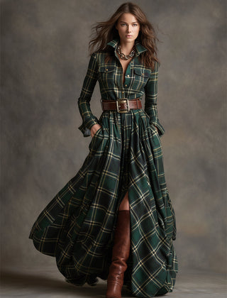 Belted shirt dress in green plaid with long sleeves, button-front, and full skirt