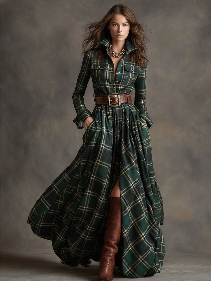 Belted shirt dress in green plaid with long sleeves, button-front, and full skirt