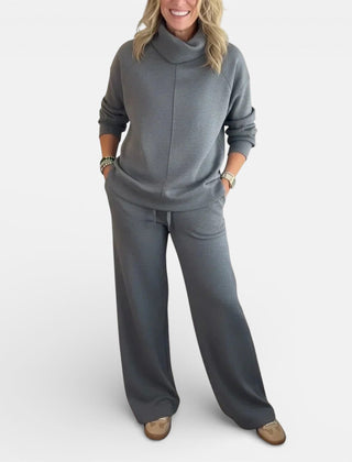 Heather gray two-piece lounge set with hooded pullover and wide-leg pants