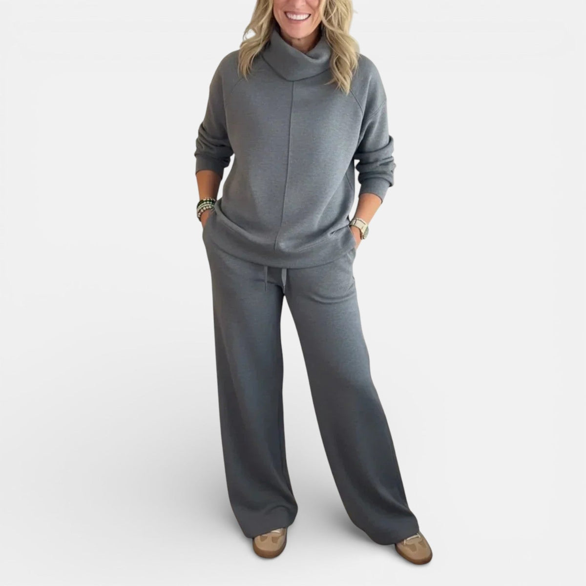 Heather gray two-piece lounge set with hooded pullover and wide-leg pants