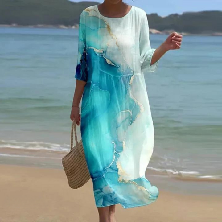 Knee-length short-sleeve dress with round neck, aqua and white watercolor print