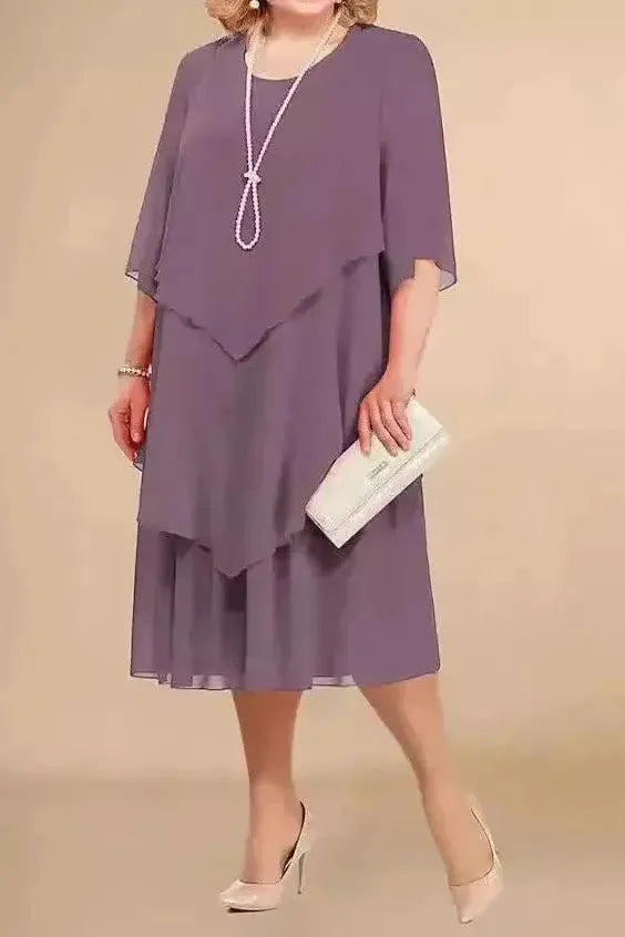 Tummy-covering dress in light purple, layered asymmetrical hem, elbow-sleeve