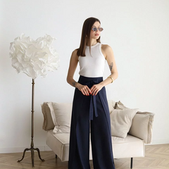 Navy high-waist wide-leg trousers with front tie sash and relaxed drape