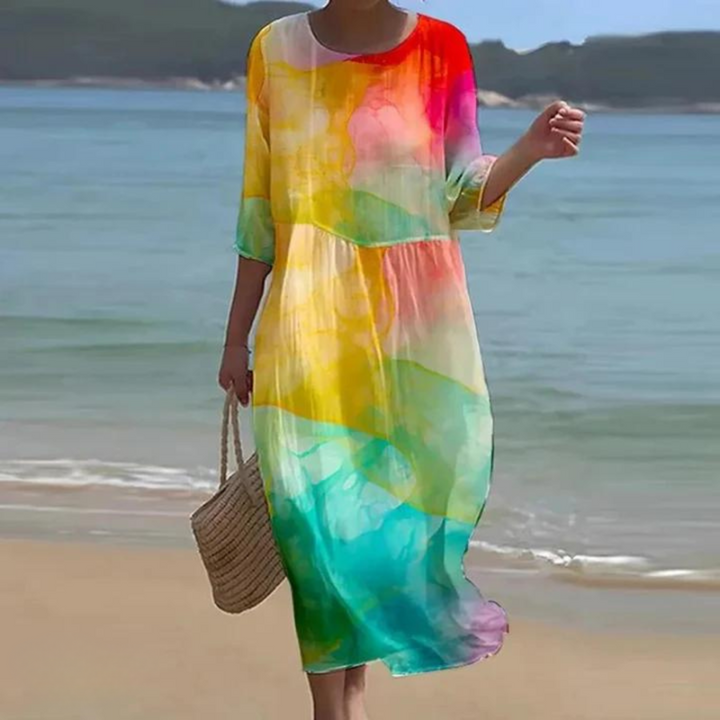 Knee-length short-sleeve dress with round neck, multicolor watercolor abstract print