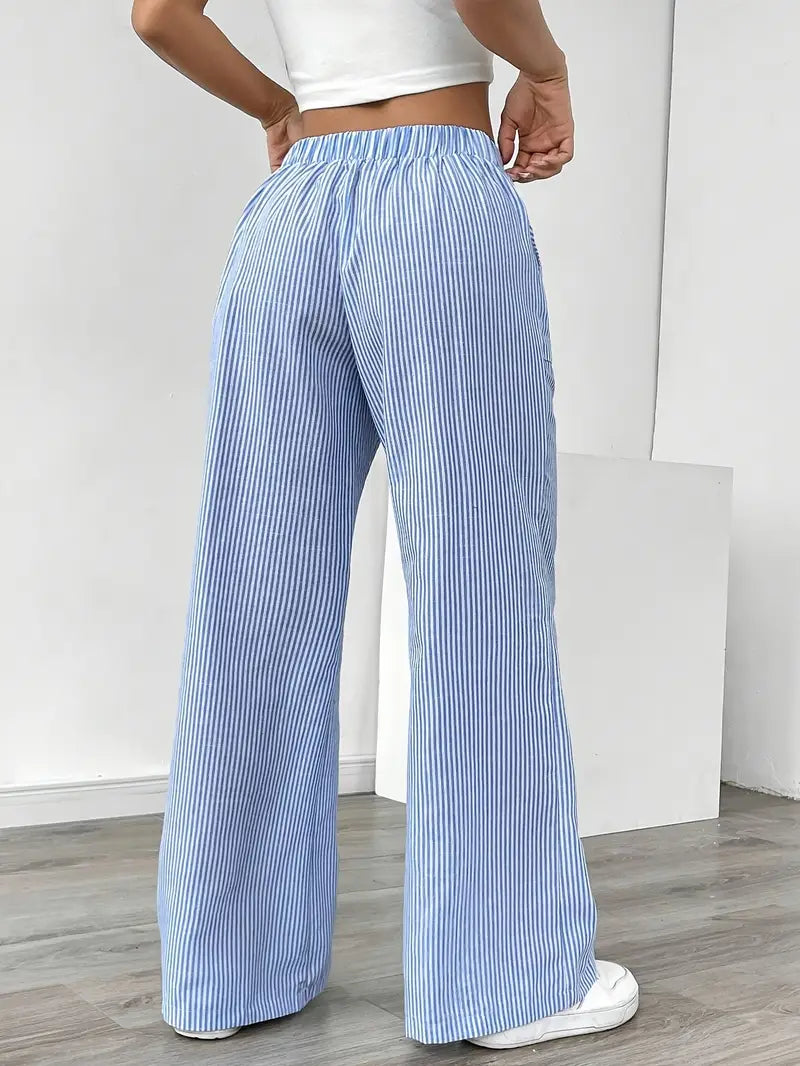 Elise™ blue pinstripe wide-leg pants, elastic waist and drawstring, wide legs