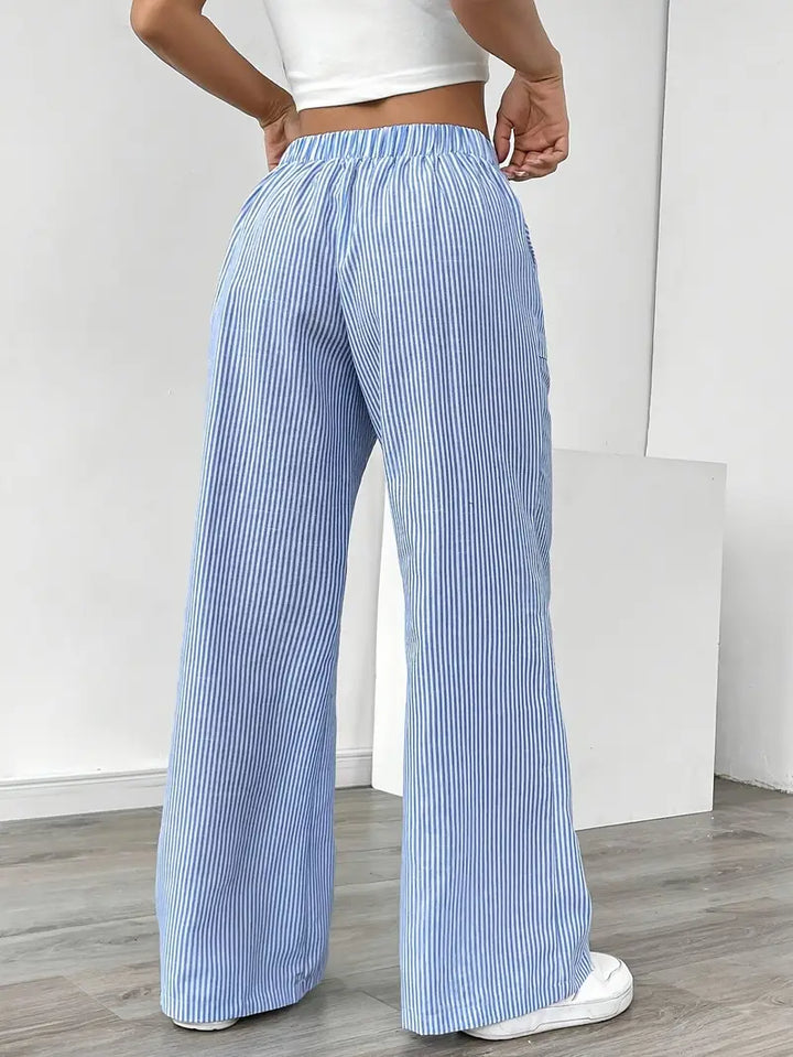 Elise™ blue pinstripe wide-leg pants, elastic waist and drawstring, wide legs