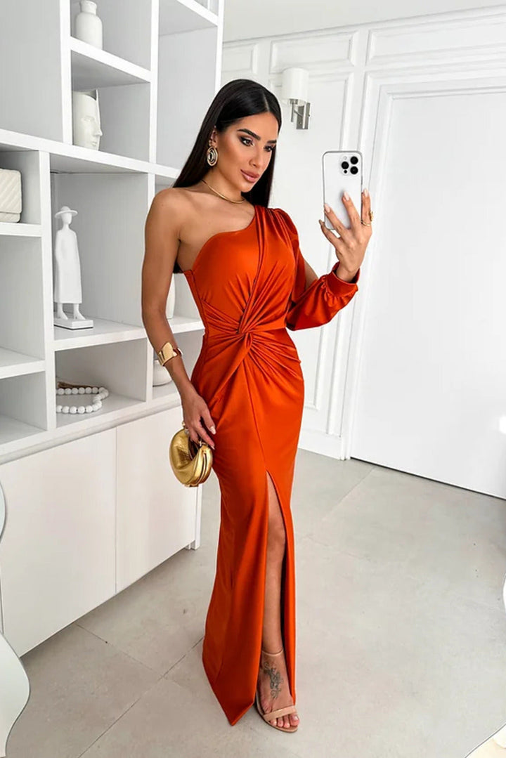 One-shoulder satin maxi dress in burnt orange with ruched waist and thigh slit