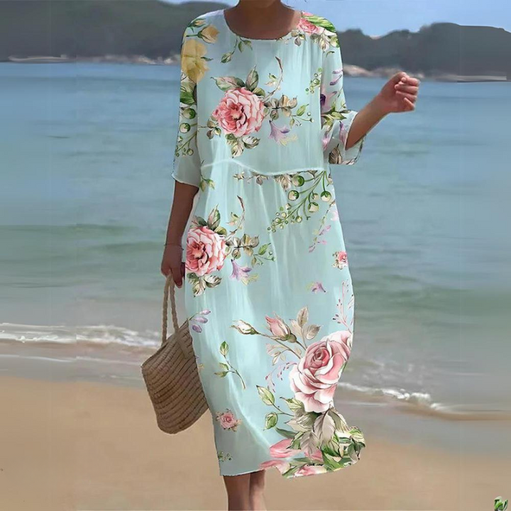 Knee-length short-sleeve dress with round neck, mint green floral print