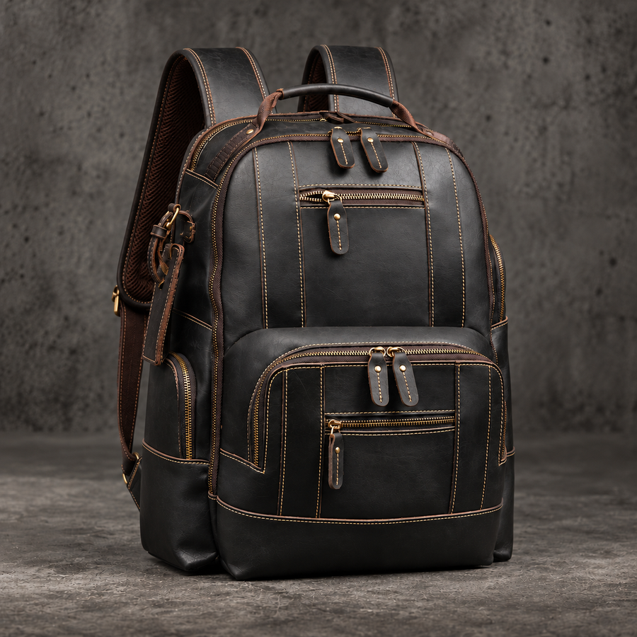 Vintage leather backpack in dark brown/black with front pockets and top handle