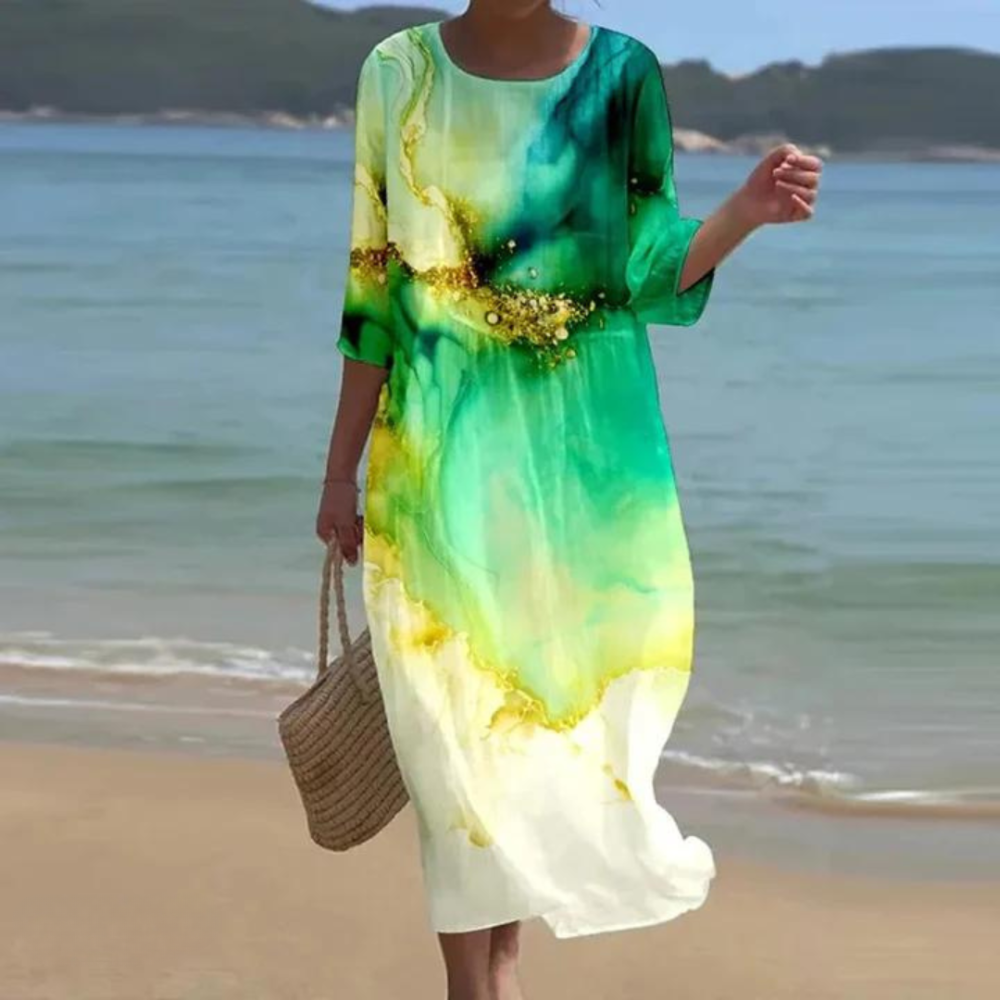 Knee-length short-sleeve dress with round neck, green and yellow watercolor swirl print