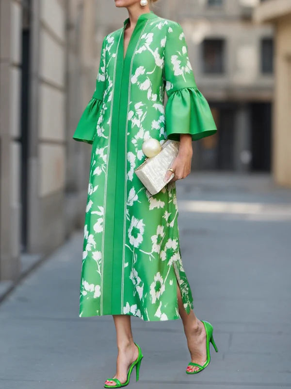 Green floral maxi dress with bell sleeves and front button placket