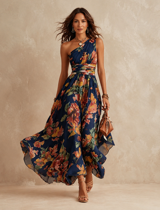 Navy floral one-shoulder maxi dress with ruched waist and flowing chiffon skirt