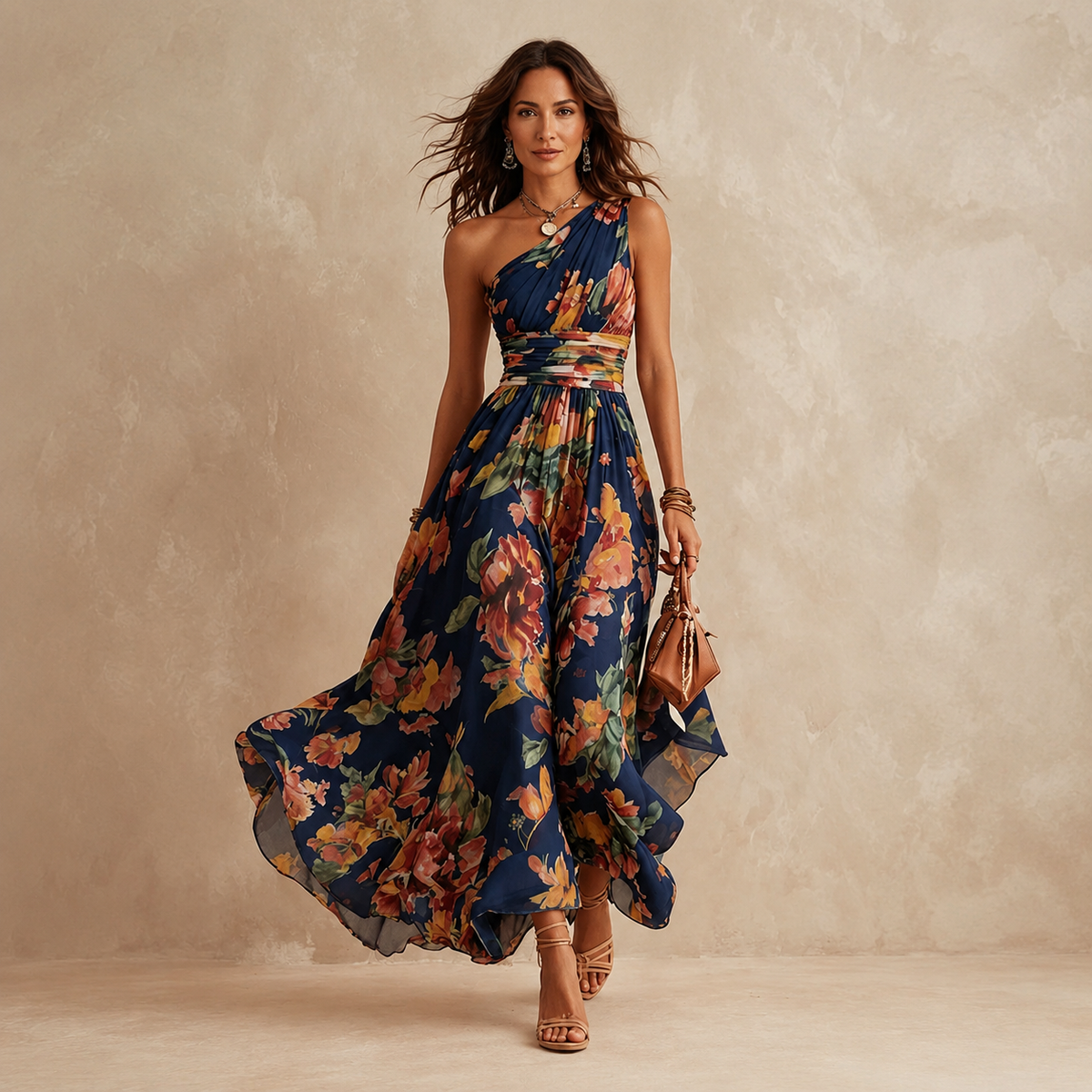 Navy floral one-shoulder maxi dress with ruched waist and flowing chiffon skirt