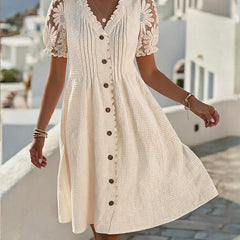 Beige balloon-sleeve midi dress with lace details and button front
