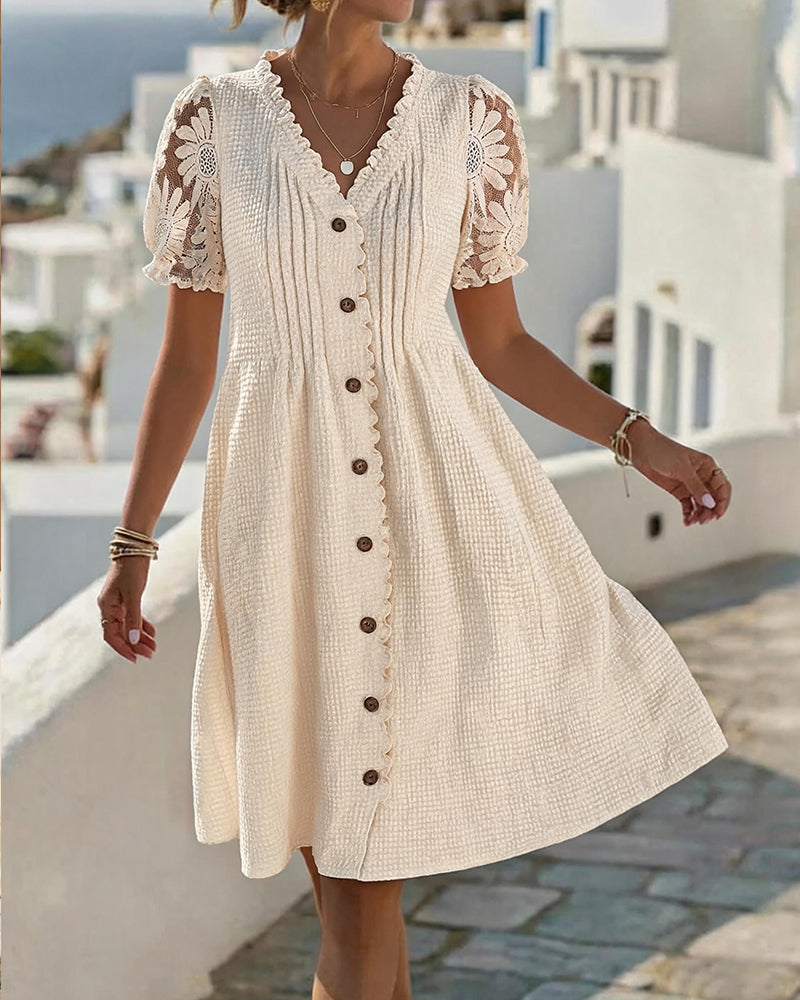 Beige balloon-sleeve midi dress with lace details and button front