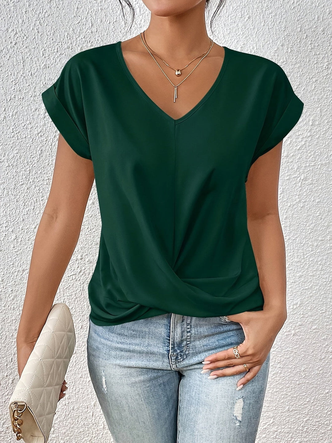 Cleo™ classic V-neck T-shirt in deep green, short sleeves, knotted front drape