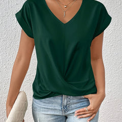 Women's dark green V-neck T-shirt with short sleeves and front twist drape.