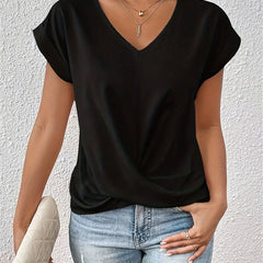 Women's black V-neck T-shirt with short sleeves and front twist drape.