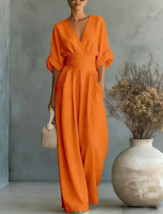 Women’s wide-leg jumpsuit in orange, V-neck, elastic waist, dolman sleeves