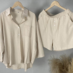 Cream button-front shirt and elastic-waist shorts set
