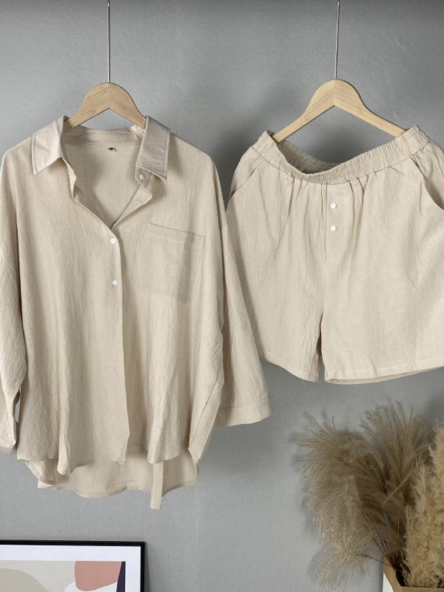 Cream button-front shirt and elastic-waist shorts set