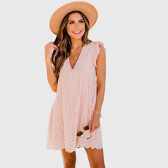 2-in-1 summer dress, blush pink V-neck eyelet with scalloped hem, cap sleeves