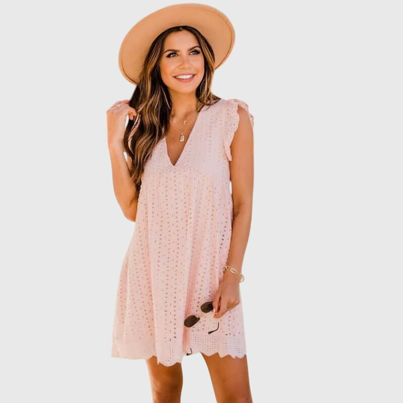 2-in-1 summer dress, blush pink V-neck eyelet with scalloped hem, cap sleeves