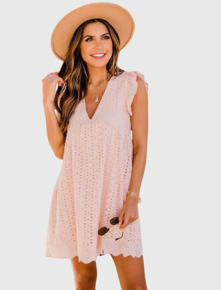 Pink sleeveless V-neck 2-in-1 summer dress with eyelet pattern and scalloped edges