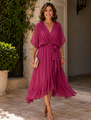 V-neck dress, raspberry pink with tied waist and flutter sleeves