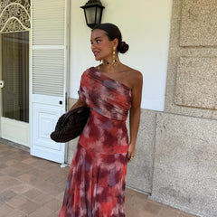 Mira off-shoulder long dress, red and mauve tie-dye print, fitted bodice