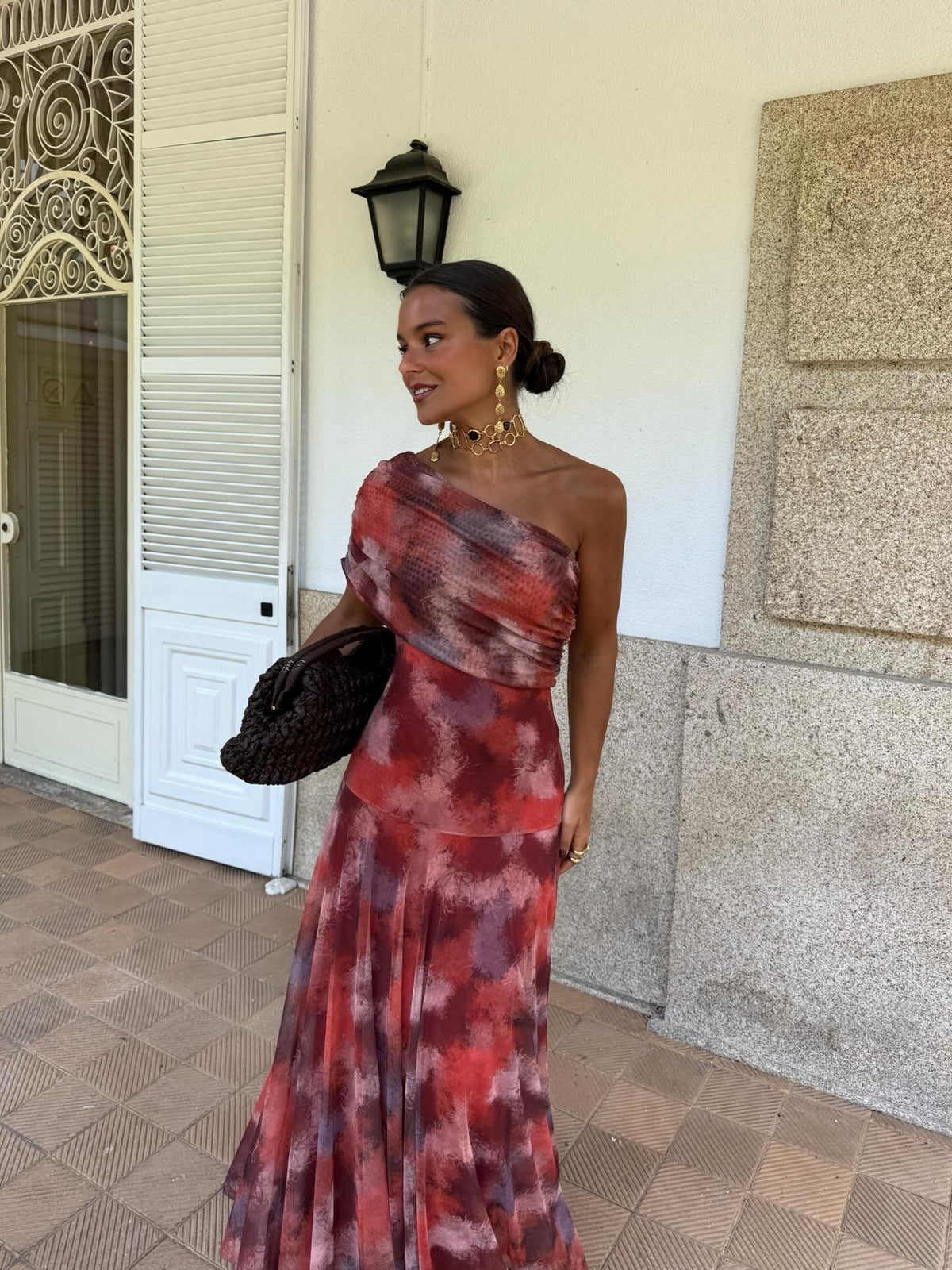 Mira off-shoulder long dress, red and mauve tie-dye print, fitted bodice