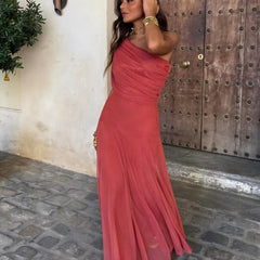 Toledo maxi dress in berry red, off-shoulder bodice with long flowing skirt
