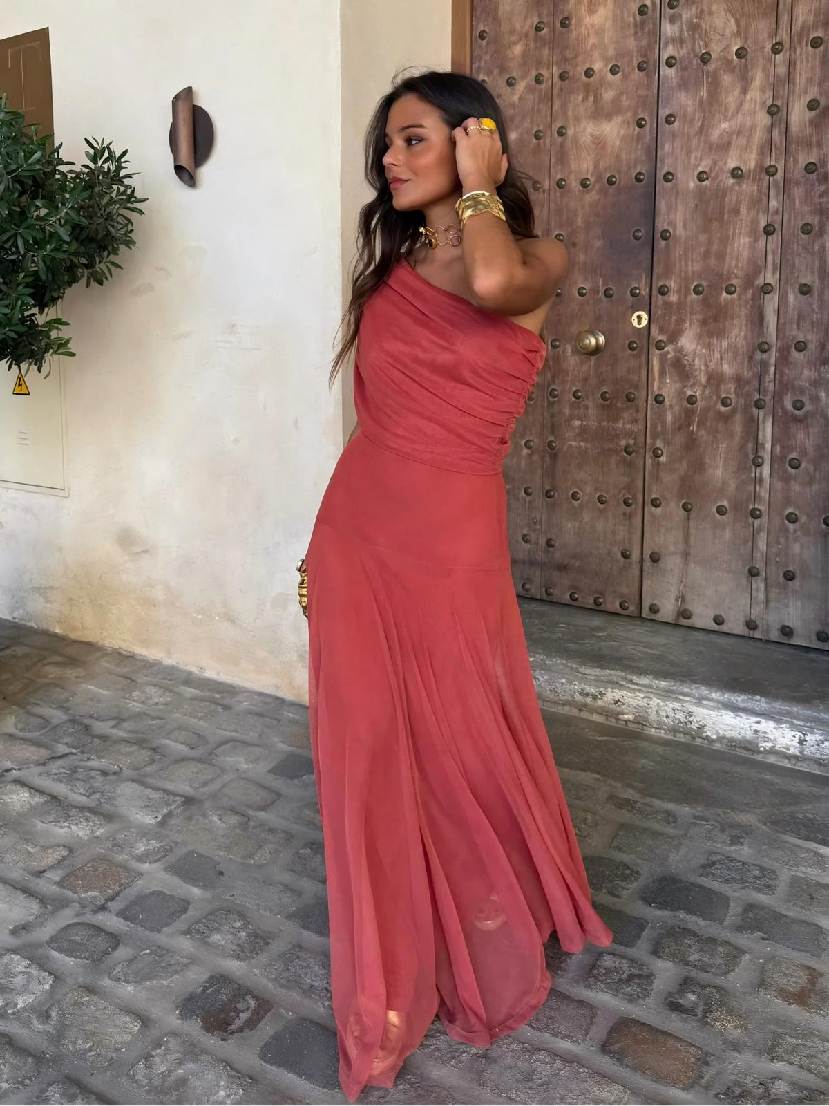 Toledo maxi dress in berry red, off-shoulder bodice with long flowing skirt