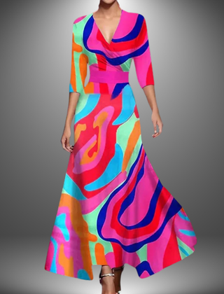 Colorful abstract long dress with V-neck wrap, 3/4 sleeves, full flared skirt