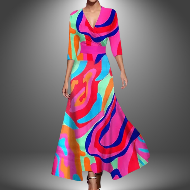 Colorful abstract long dress with V-neck wrap, 3/4 sleeves, full flared skirt