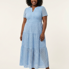 Sky blue V-neck tiered midi dress with short sleeves and tiered gathered skirt