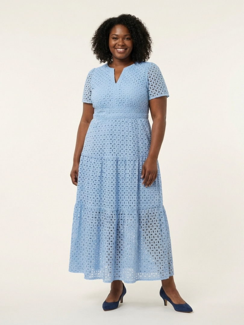 Sky blue V-neck tiered midi dress with short sleeves and tiered gathered skirt
