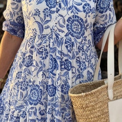 Blue floral V-neck midi dress with pleated tiers; 3/4 puff sleeves