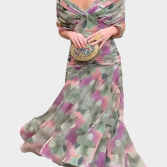 Long multicolor floral dress with off-shoulder draped bodice and full skirt