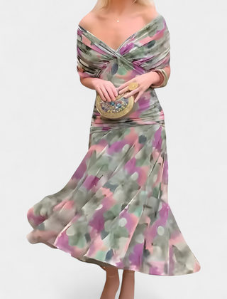 Long multicolor floral dress with off-shoulder draped bodice and full skirt