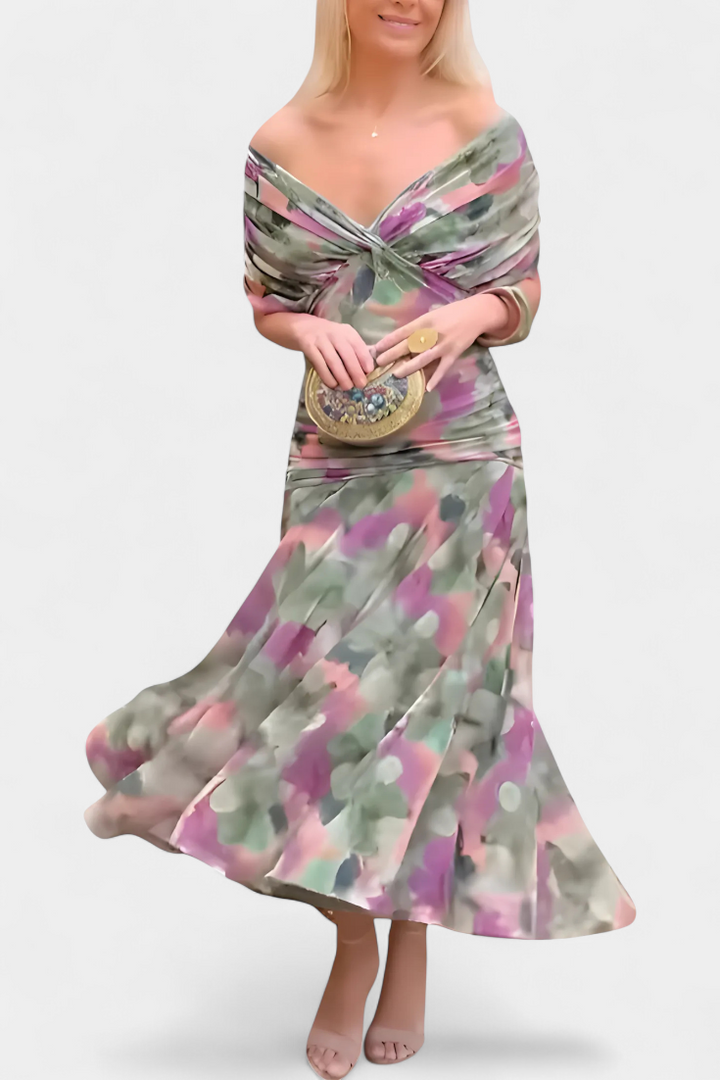 Long multicolor floral dress with off-shoulder draped bodice and full skirt