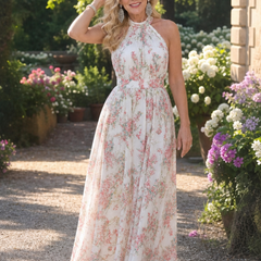 Floral halter midi dress with sleeveless bodice, gathered waist, and flowing skirt in sage green