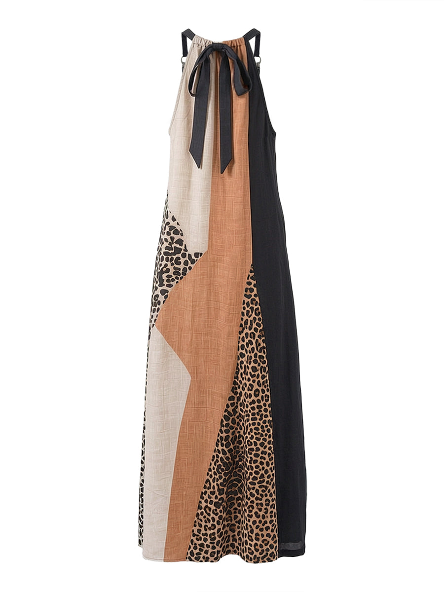 Halter maxi dress with tie-back neckline and multicolor leopard patchwork