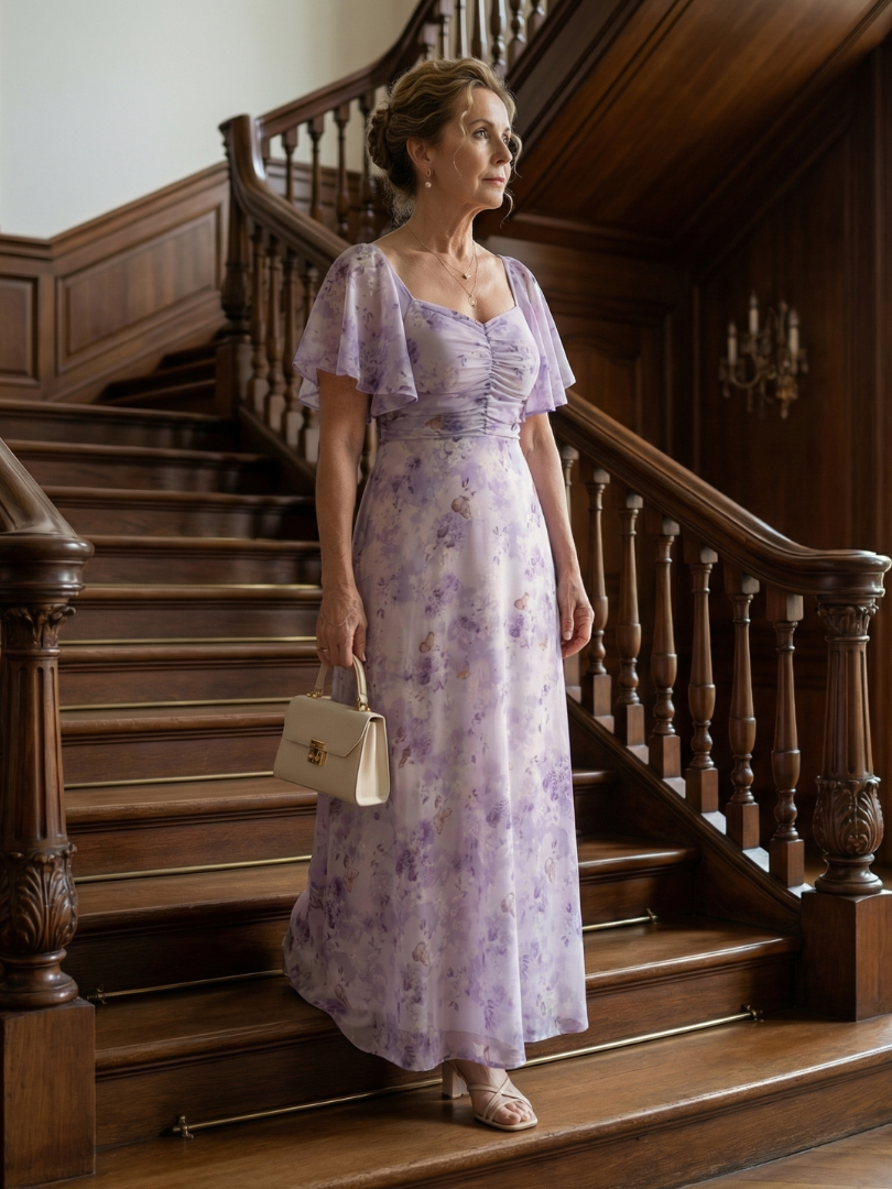 Floral lilac midi dress with flutter sleeves, ruched bodice, and soft pleated skirt