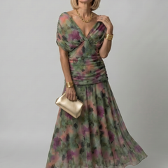 Multicolor off-shoulder flow midi dress with V neckline, gathered waist, tiered skirt
