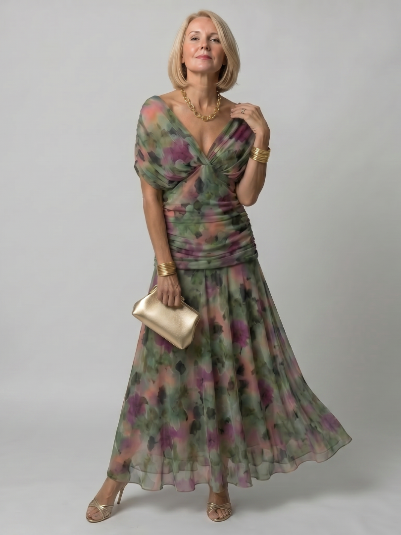Multicolor off-shoulder flow midi dress with V neckline, gathered waist, tiered skirt
