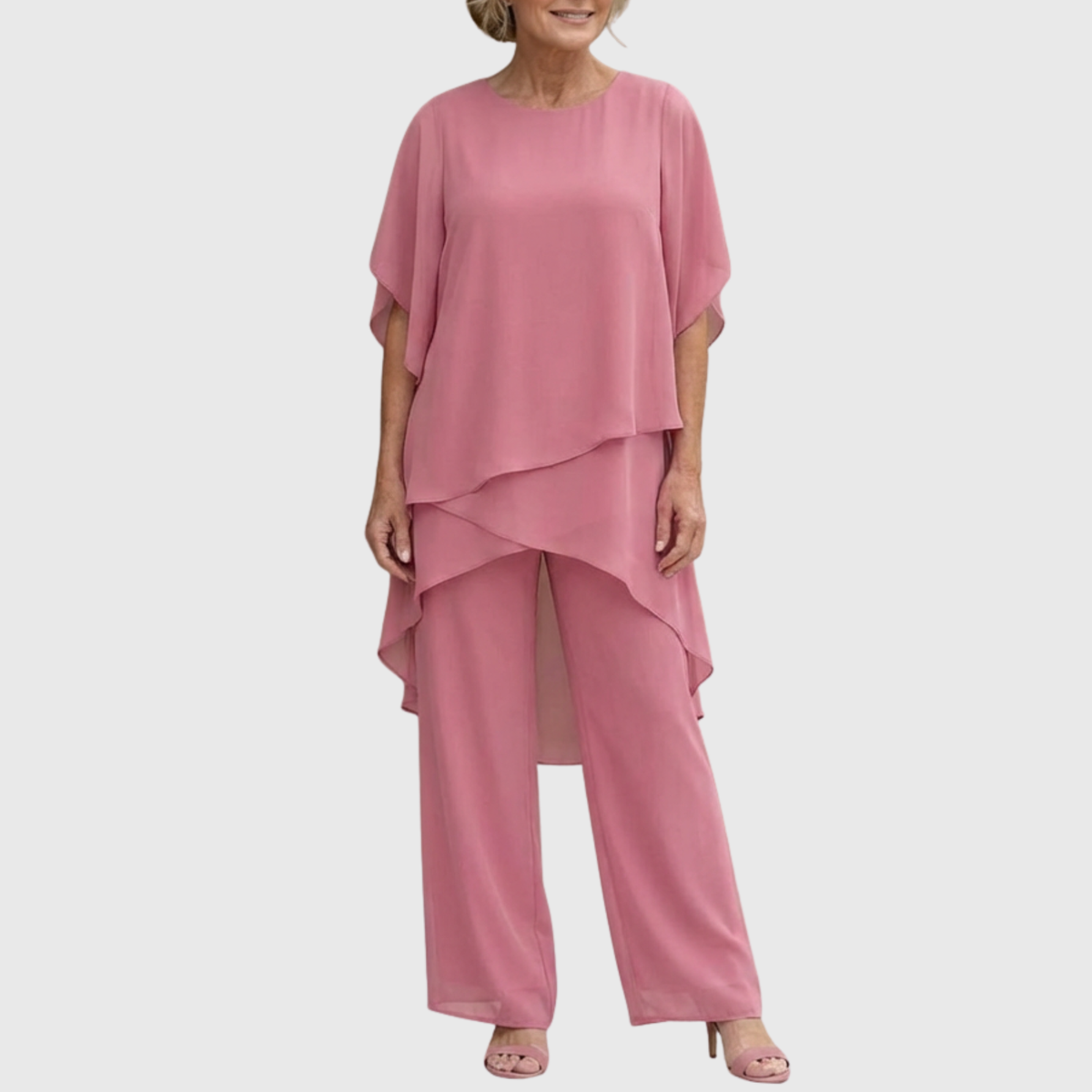 Light pink palazzo set with draped layered top and wide-leg pants